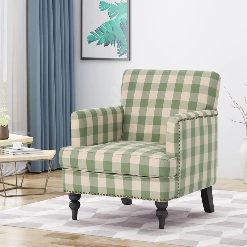 GDF Studio Eve Tufted Fabric Club Chair, Green Checkerboard/Dark Brown - Image 2