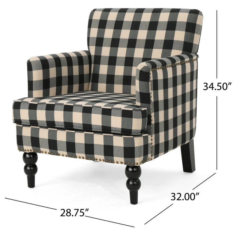 GDF Studio Eve Tufted Fabric Club Chair, Black Checkerboard/Dark Brown - Image 3