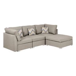 Amira Beige Linen Fabric Sectional Sofa With Ottoman And Pillows