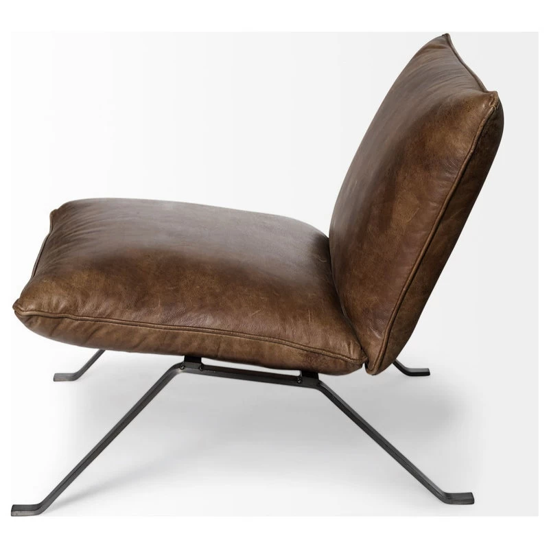 Flavelle II Top-Grain Leather Cushion Seat & Solid Iron Base Accent Chair, Brown - Image 3