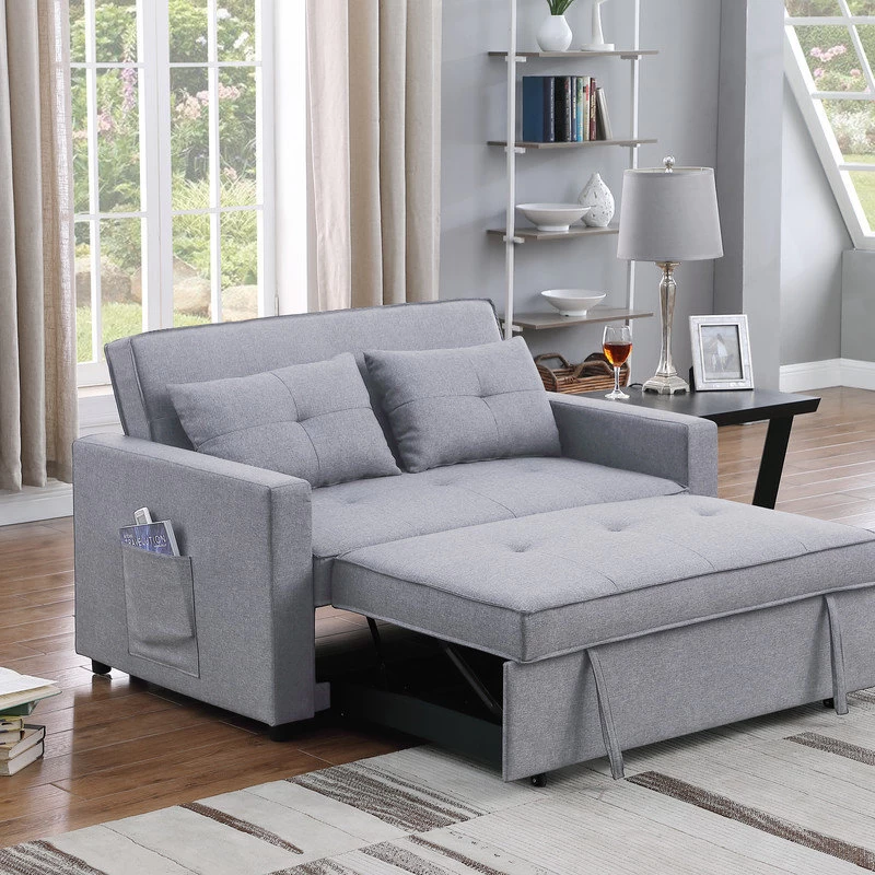 Zoey Linen Convertible Sleeper Loveseat With Side Pocket, Light Gray - Image 2