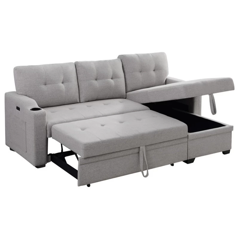 Mabel Fabric Sleeper Sectional With Cupholder, USB And Pocket, Light Gray, Linen - Image 4