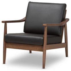 Baxton Studio Venza Mid-Century Modern Walnut Wood Black Faux Leather Lounge Chair