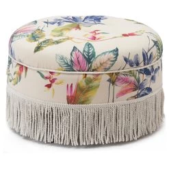Yolanda Tufted Round Ottoman With Bullion Trim, Beige Floral