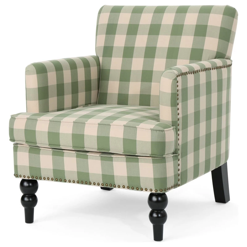 GDF Studio Eve Tufted Fabric Club Chair, Green Checkerboard/Dark Brown