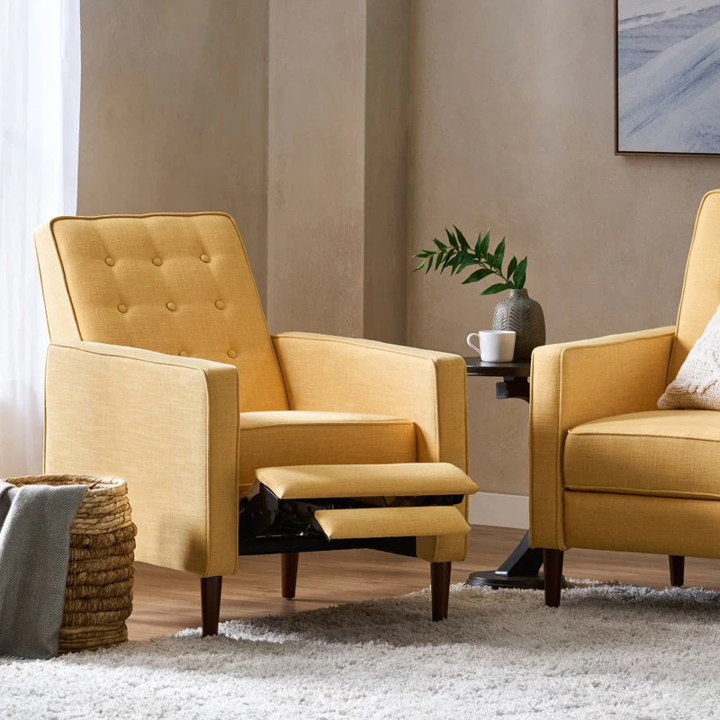 Mason Mid-Century Modern Button Tufted Fabric Recliner, Fabric/Muted Yellow, Single Chair - Image 2