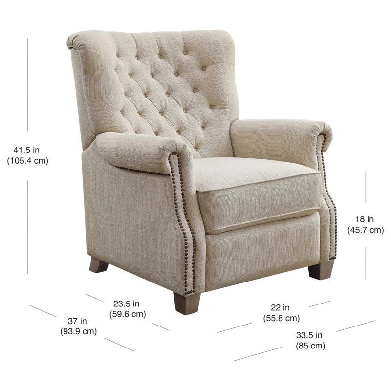 Push Back Recliner Chair, Diamond Tufted Back & Rolled Arms, Beige Fabric - Image 3
