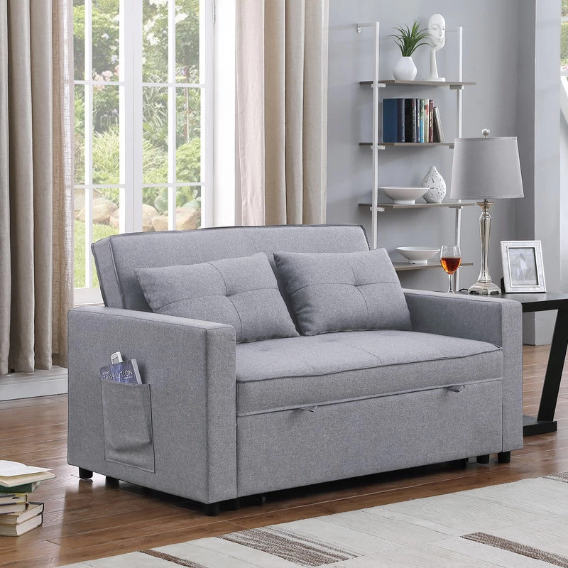 Zoey Linen Convertible Sleeper Loveseat With Side Pocket, Light Gray - Image 3
