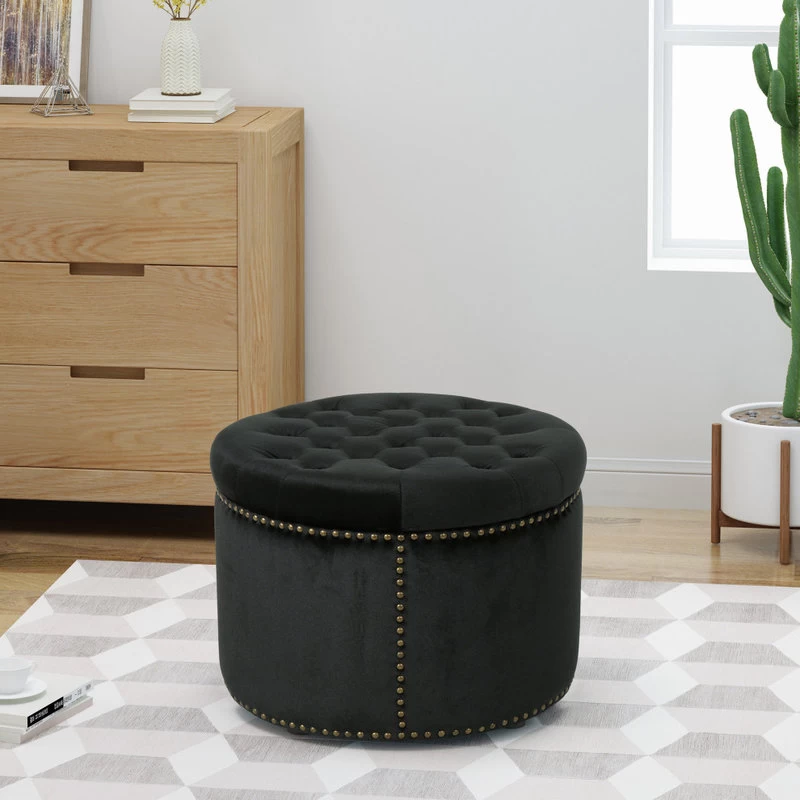 GDF Studio Carlos Glam Velvet Tufted Ottoman, Black/Black - Image 2