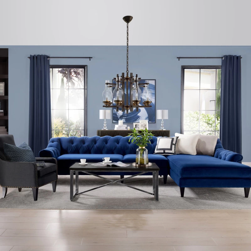 Alexandra 132" Chesterfield Tufted Sectional, Right Facing, Navy Blue - Image 13