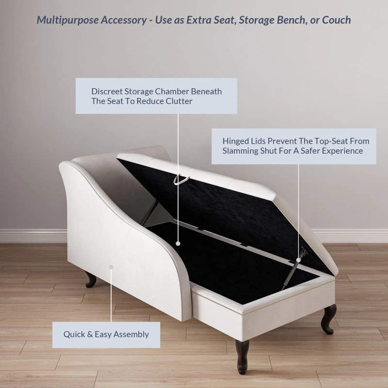 Nailhead Trim Velveteen Button-Tufted Storage Chaise, Beige - Image 4