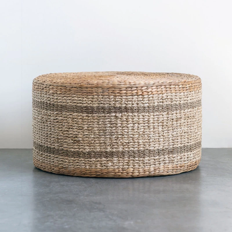 Brown Striped Round Water Hyacinth And Seagrass Ottoman/Table - Image 4