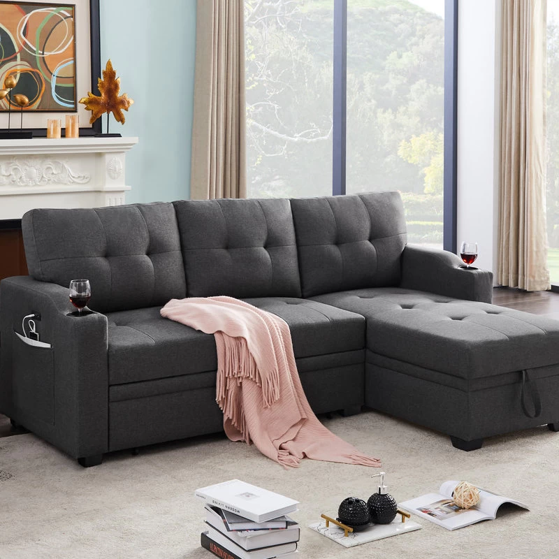 Mabel Fabric Sleeper Sectional With Cupholder, USB And Pocket, Dark Gray, Linen - Image 2