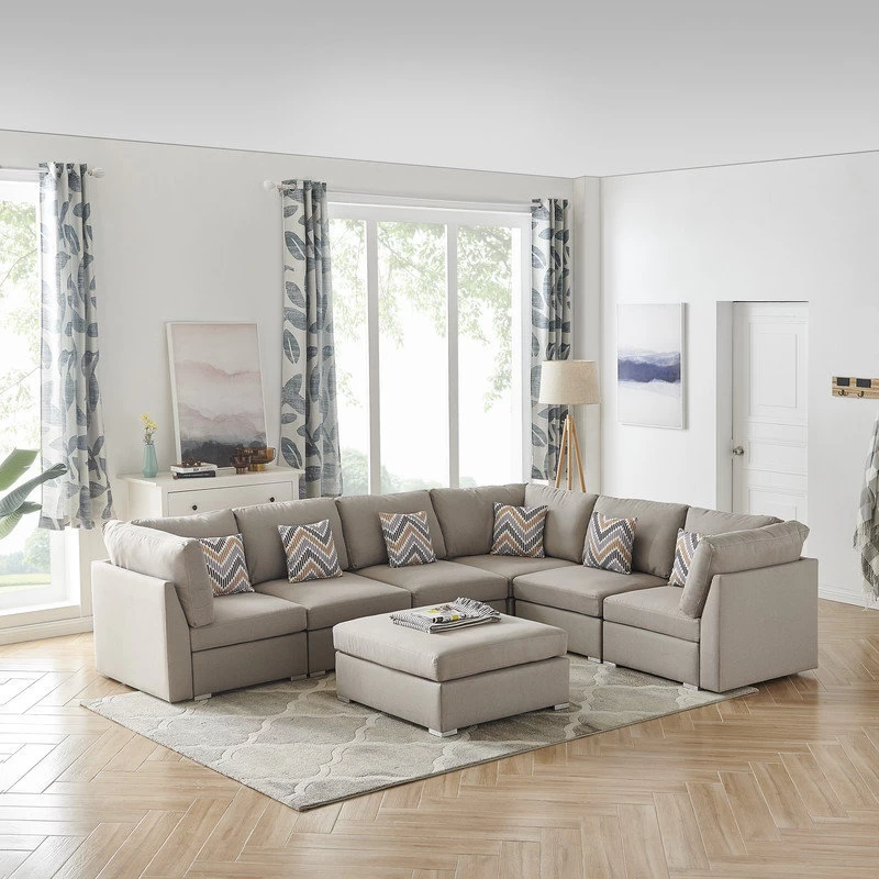 Amira Beige Fabric Reversible Modular Sectional Sofa With Ottoman And Pillows - Image 3