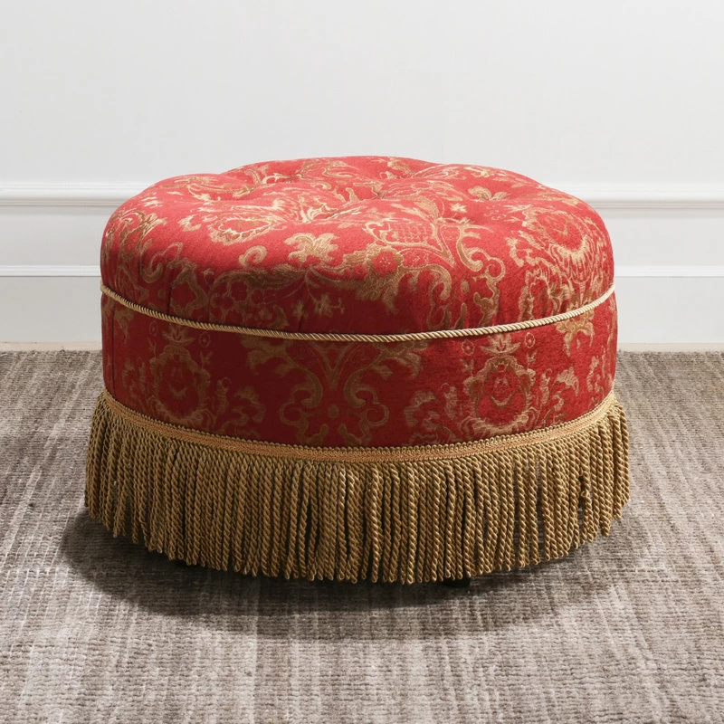Yolanda Tufted Round Ottoman With Bullion Trim, Red Gold Jacquard - Image 8