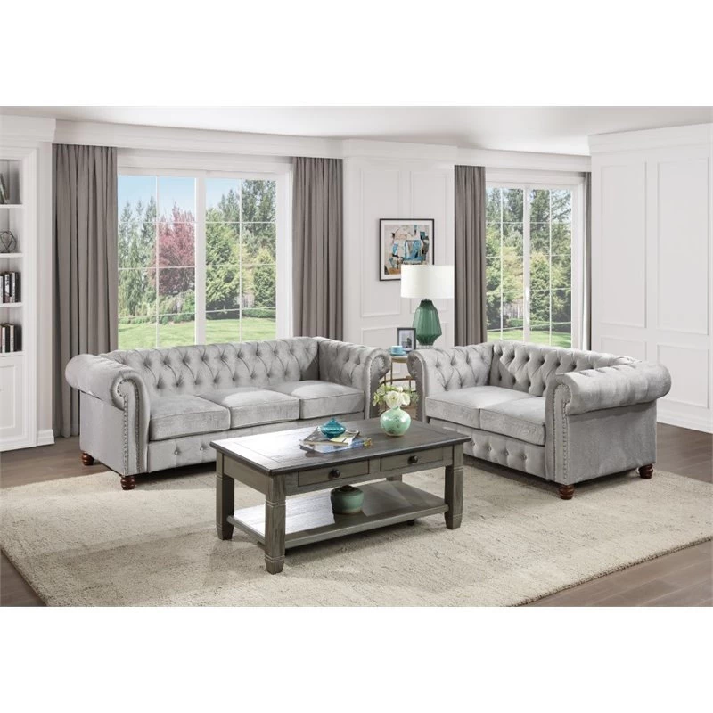 Lexicon Welwyn Velvet Chesterfield Sofa In Gray - Image 2
