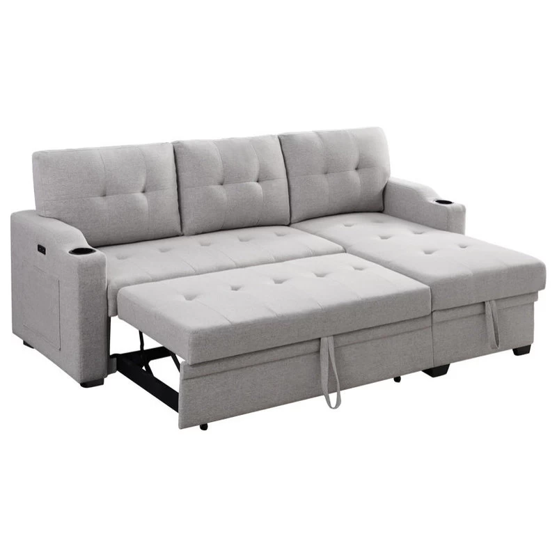 Mabel Fabric Sleeper Sectional With Cupholder, USB And Pocket, Light Gray, Linen - Image 3