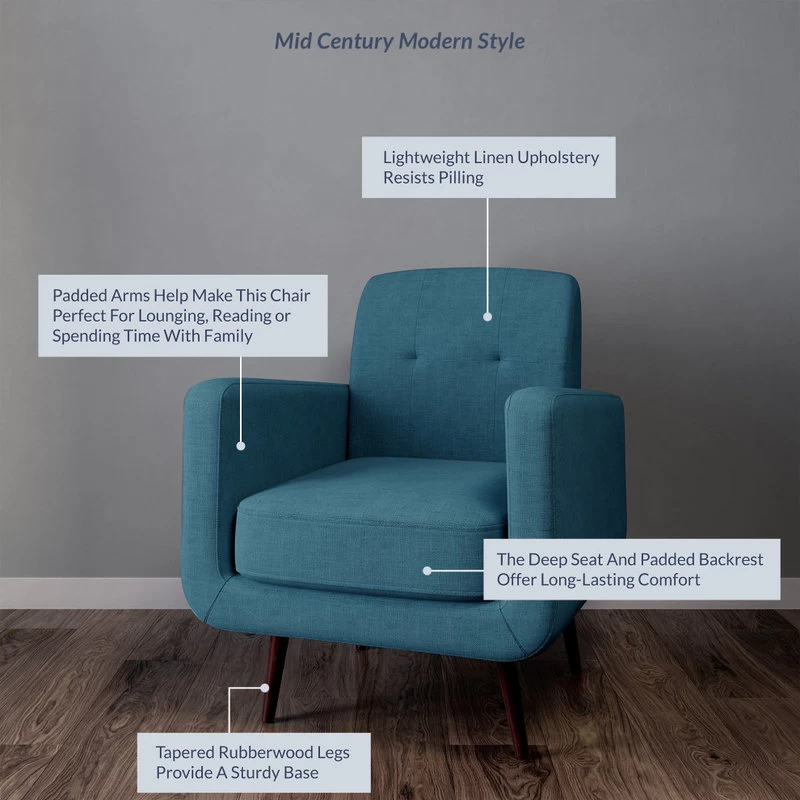 Hasting Arm Accent Chair Comfy Fabric Upholstered Tufted Single Sofa, Blue - Image 4