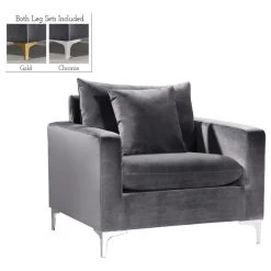 Naomi Velvet Chair, Gold And Chrome Leg Set, Gray