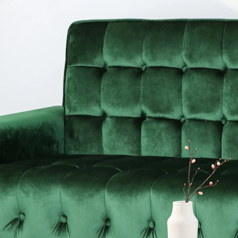 Adan Tufted Velvet Sofa With Gold Tipped Tapered Legs, Emerald, Gold Finish - Image 5