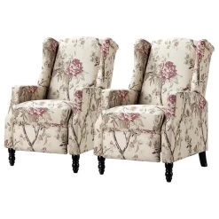 Upholstered Manual Recliner With Wingback,Set Of 2, Bird