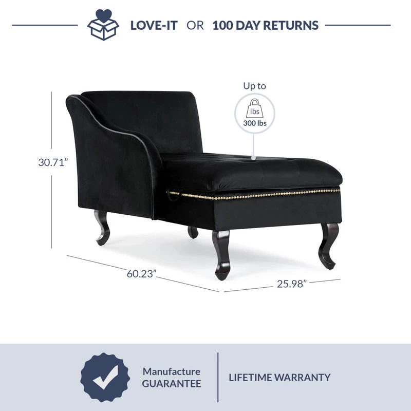 Nailhead Trim Velveteen Button-Tufted Storage Chaise, Black - Image 5