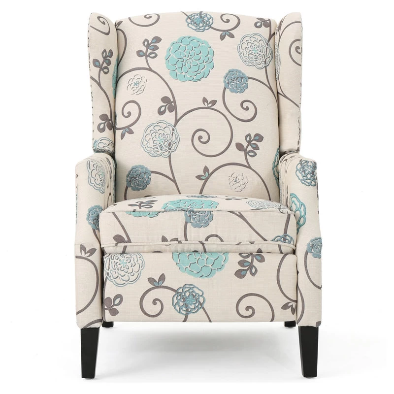 Corbin Fabric Recliner, Set Of 2, White With Blue Floral And Dark Brown