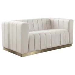 Marlon Velvet Loveseat With Brushed Gold Stainless Steel Base, Cream