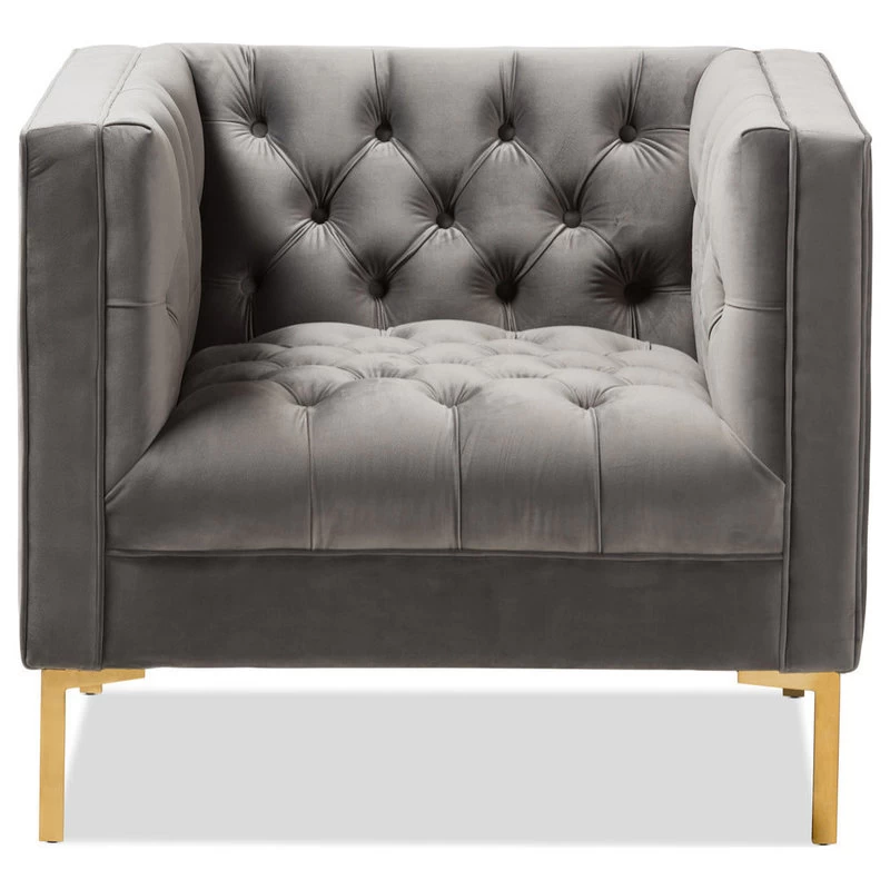 Baxton Studio Zanetta Velvet Upholstered Gold Lounge Chair, Gray - Image 3