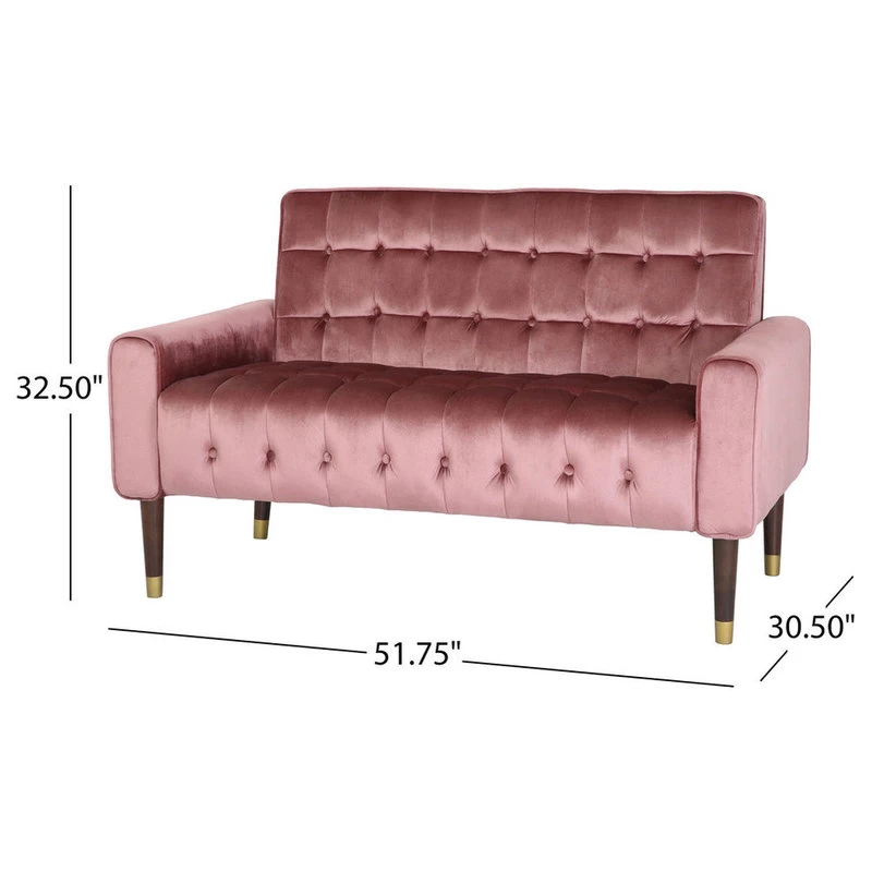 Aubrie Tufted Velvet Loveseat With Gold Tipped Tapered Legs, Blush, Gold Finish - Image 3