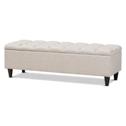 Brette Modern Beige Fabric Upholstered Dark Brown Wood Storage Bench Ottoman