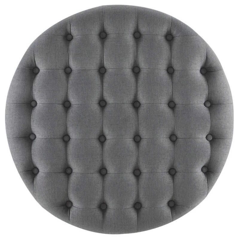 Round Tufted Linen Ottoman With Caster, 33", Gray - Image 5