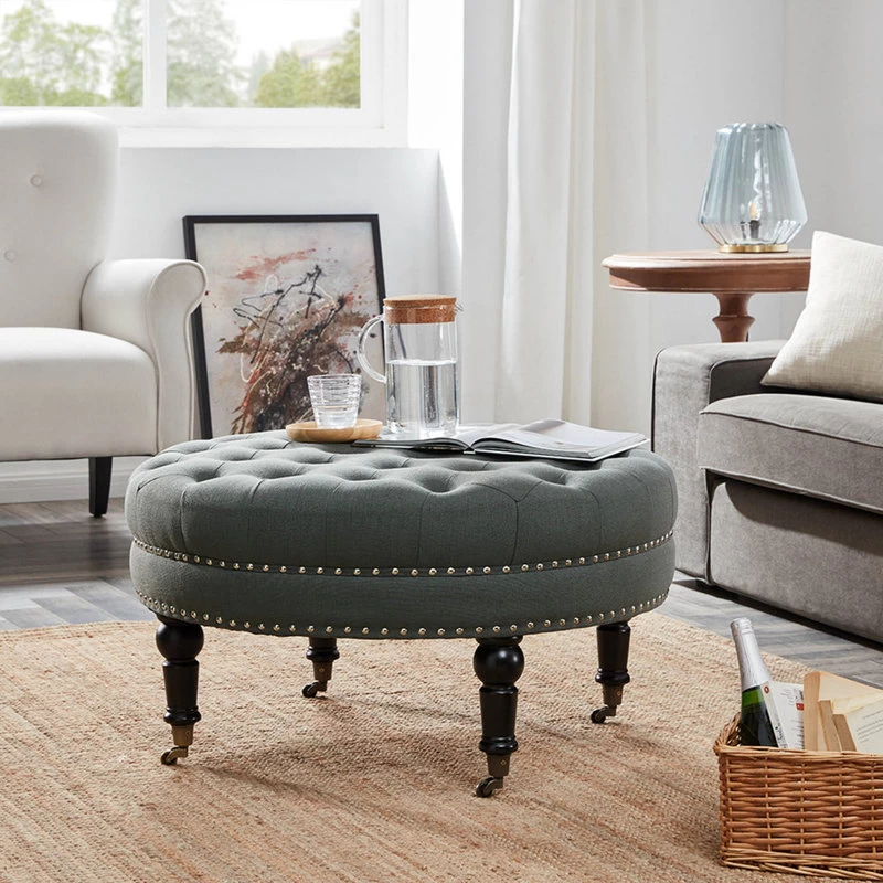Round Tufted Linen Ottoman With Caster, 33", Gray - Image 3