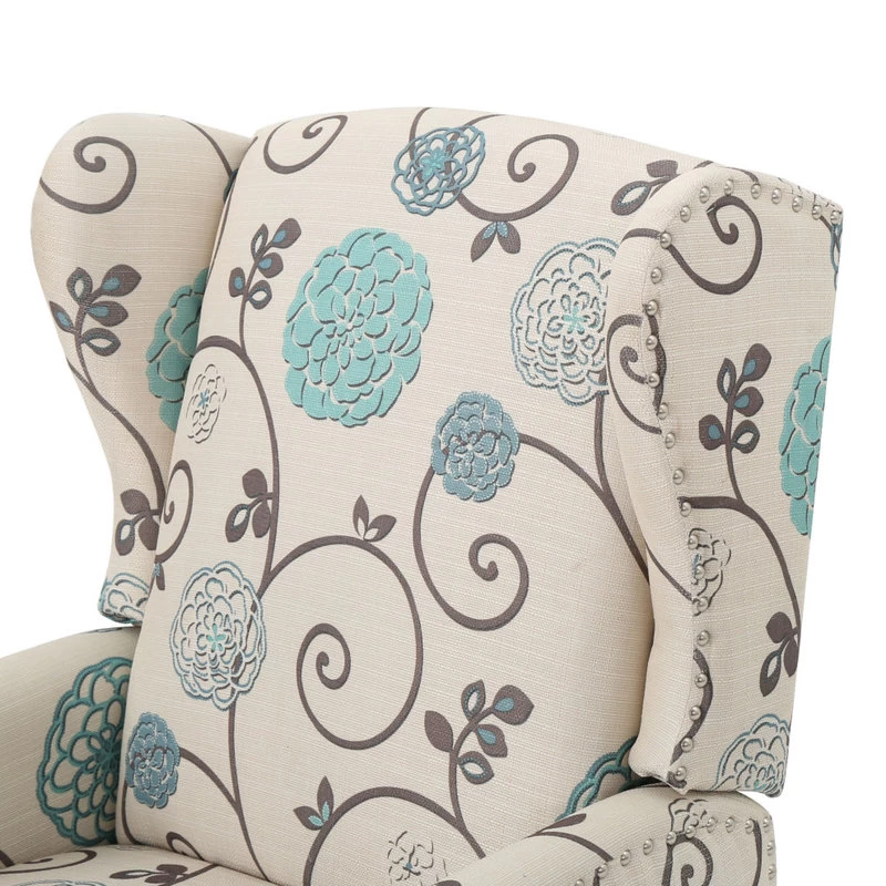 Corbin Fabric Recliner, Set Of 2, White With Blue Floral And Dark Brown - Image 9