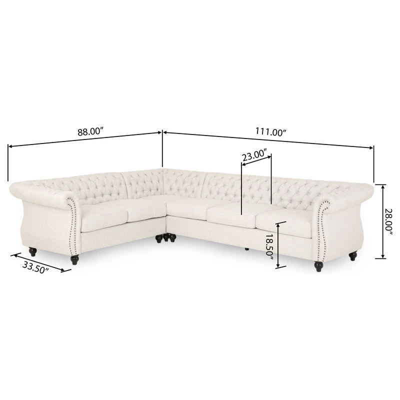 Zenobia 6 Seater Velvet Tufted Chesterfield Sectional, Beige, Dark Brown - Image 3