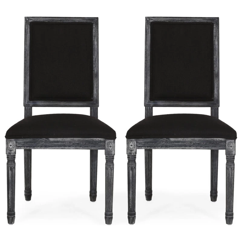 Amy French Country Wood Upholstered Dining Chair, Set Of 2, Black/Gray