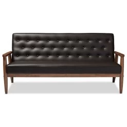 Baxton Studio Sorrento Retro Upholstered Wooden 3-Seater Sofa, Brown Faux Leather