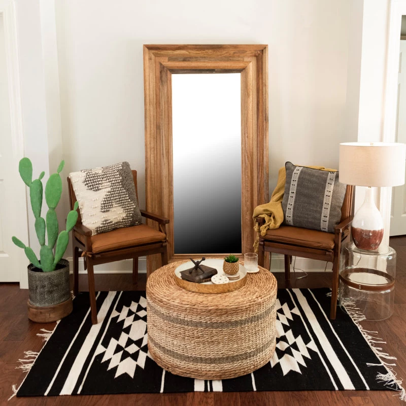 Brown Striped Round Water Hyacinth And Seagrass Ottoman/Table - Image 5