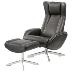 Tahiti Top Grain Leather Ergonomic Manual Recliner & Ottoman Set, Black/Silver