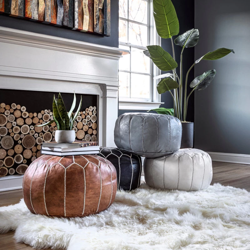 NuLOOM Leather Jerrie Contemporary Ottoman, Black - Image 6