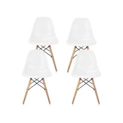 White DSW Midcentury Dining Shell Chairs, Beech Wood Eiffel Legs, Set Of 4