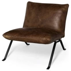 Flavelle II Top-Grain Leather Cushion Seat & Solid Iron Base Accent Chair, Brown