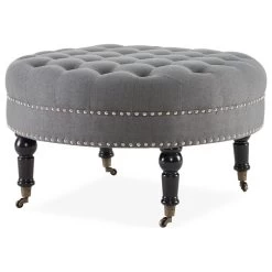 Round Tufted Linen Ottoman With Caster, 33", Gray