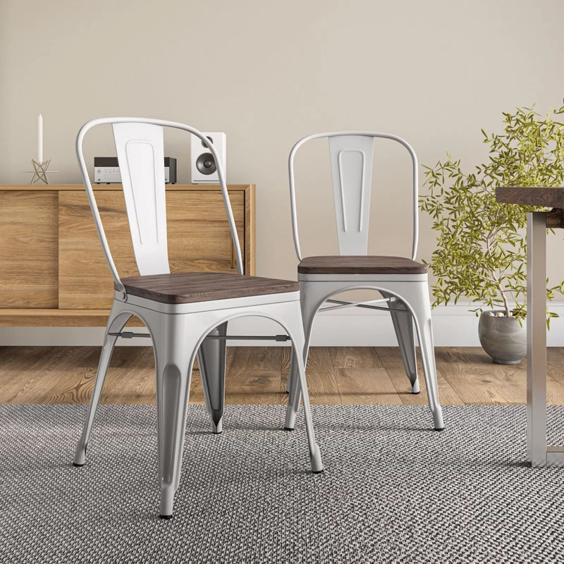 Wood Seat Metal Dining Chairs, Set Of 4, White - Image 2