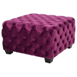 GDF Studio Provence Dark Teal Tufted Velvet Fabric Square Ottoman Bench, Fuchsia