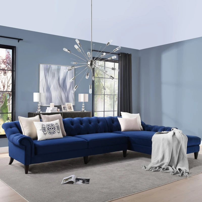 Alexandra 132" Chesterfield Tufted Sectional, Right Facing, Navy Blue - Image 14