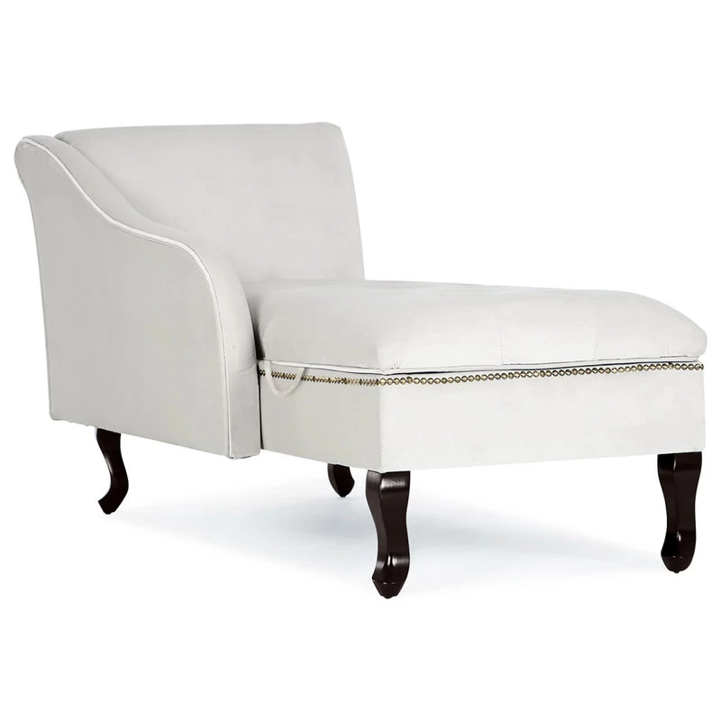 Nailhead Trim Velveteen Button-Tufted Storage Chaise, Beige