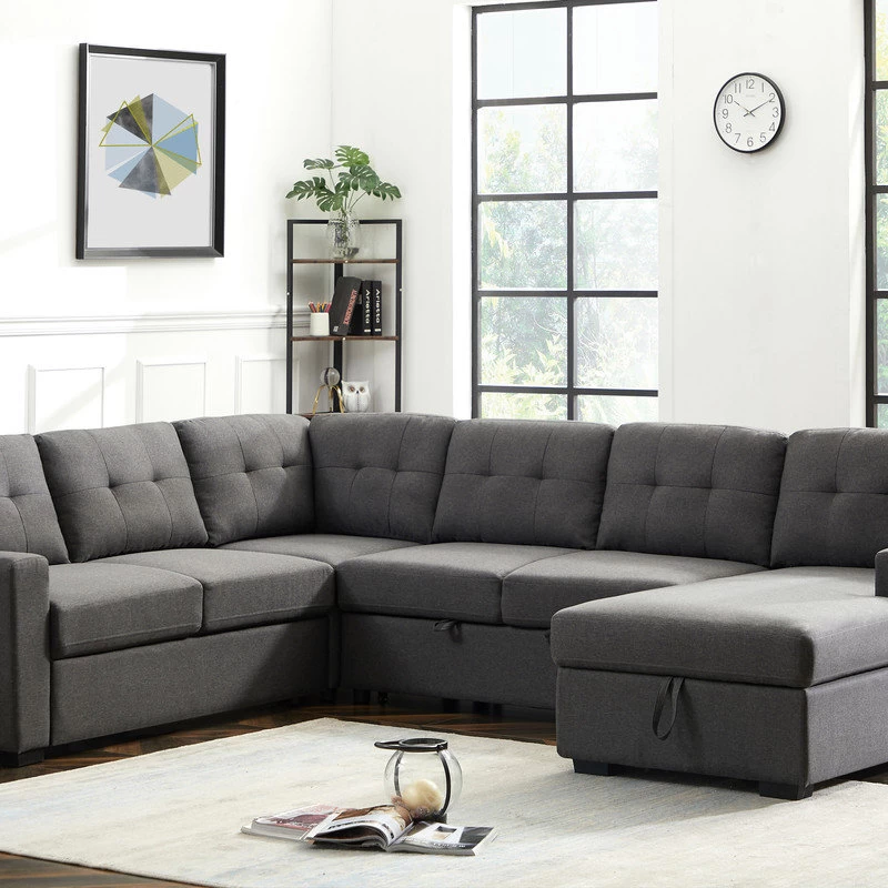 Selene Dark Gray Linen Fabric Sleeper Sectional Sofa With Storage Chaise - Image 2