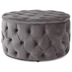 GDF Studio Maelyn Modern Glam Tufted Velvet Round Ottoman, Dark Gray