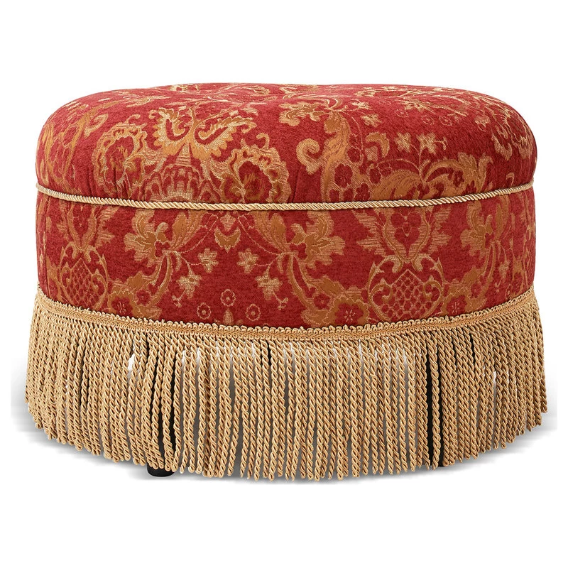 Yolanda Tufted Round Ottoman With Bullion Trim, Red Gold Jacquard - Image 2